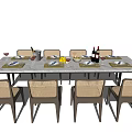 Rectangular Dining Table Set With Rattan Back Chairs Dinnerware Wine Glasses And Bottles 3d model