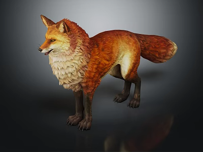Realistic Red Brown Fox with Fluffy Tail Standing in Dark Background 3d model