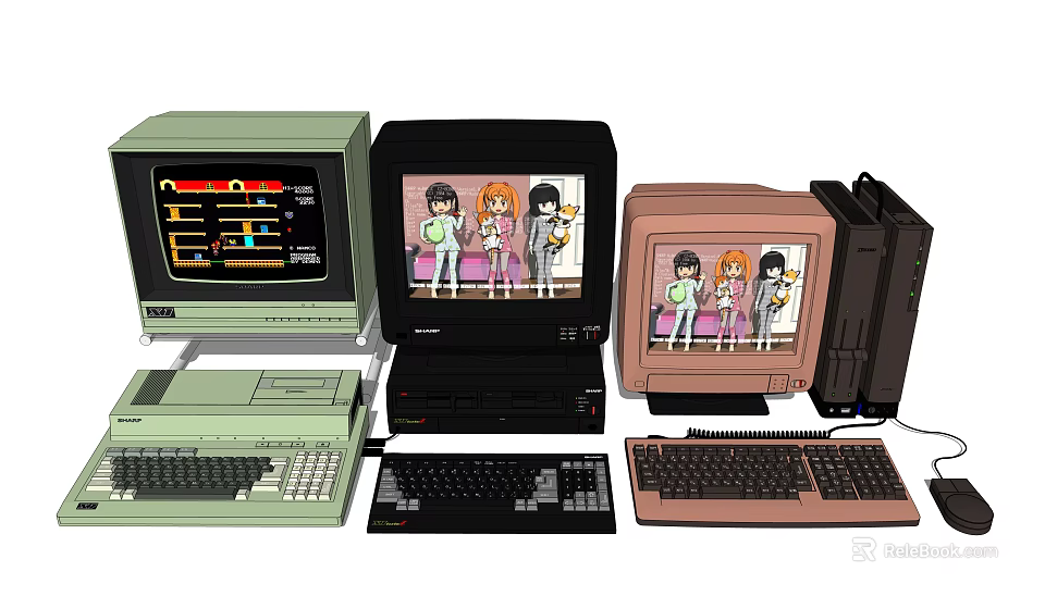Vintage Computers with Colorful Monitors Cartoon Characters on Screens Keyboards and CPUs 3d model 