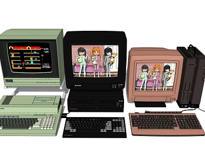 Vintage Computers with Colorful Monitors Cartoon Characters on Screens Keyboards and CPUs 3d model