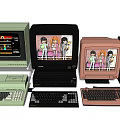 Vintage Computers with Colorful Monitors Cartoon Characters on Screens Keyboards and CPUs
