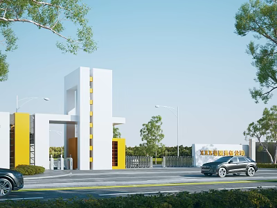 Modern Entrance Gate Featuring White and Yellow Structure with Trees and Vehicles on Road 3d model