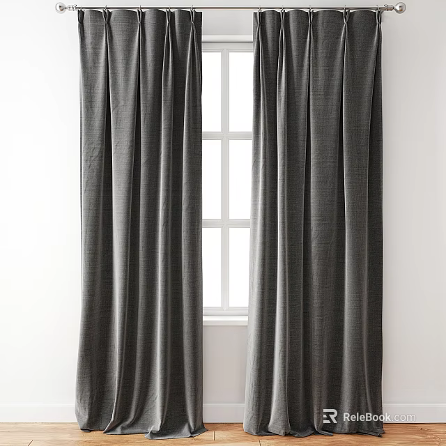 Gray Fabric Curtains Hanging Elegantly By White Window With Soft Drapes 3d model 
