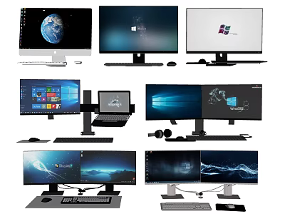 Various Computer Monitors Laptops With Keyboard Mouse And Digital Display Backgrounds 3d model