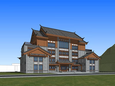 Ancient Architecture Featuring Traditional Roof Design Stone Walls And Decorative Eaves With Green Lawn 3d model