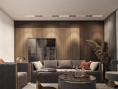 Elegant Modern Gray Sofa Coffee Table Set With Pillows Round Marble Top And Wooden Wall Decor 3d model