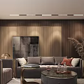 Elegant Modern Gray Sofa Coffee Table Set With Pillows Round Marble Top And Wooden Wall Decor