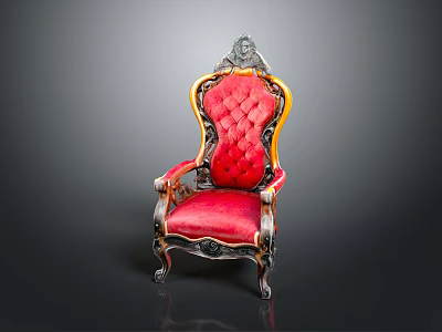 Vintage Ornate Chair With Red Velvet Cushion And Carved Wooden Frame 3d model