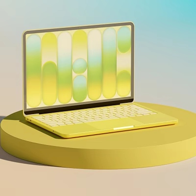 Stylish Yellow Laptop Showing Geometric Patterns on Round Platform Against Soft Blue Beige Background 3d model
