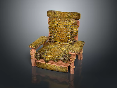 Vintage Yellow Sofa Stool With Crocodile Texture And Carved Wooden Legs 3d model