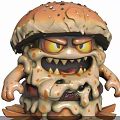 Cartoon Monster Burger With Angry Eyes Sharp Teeth Melted Sauce Arms Surrounded By Crispy Fries