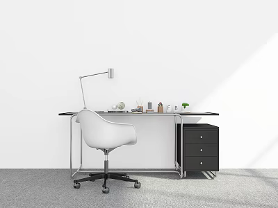 Modern Office Desk Setup With White Chair Desk Lamp Stationery And Black Drawer Cabinet 3d model