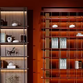 Shelving Units With Red Background Grid Design Tea Sets Books Decorative Items And Green Plant