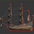 Detailed Model Sailing Ship With White Sails And Red Flags On Wooden Hull