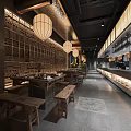 Modern Restaurant Interior Design With Textured Rock Wall Water Fountain And Green Plants