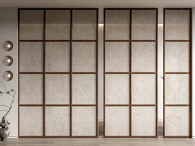 Modern Room Dividers with Wooden Frames Grid Design and Textured Panels 3d model