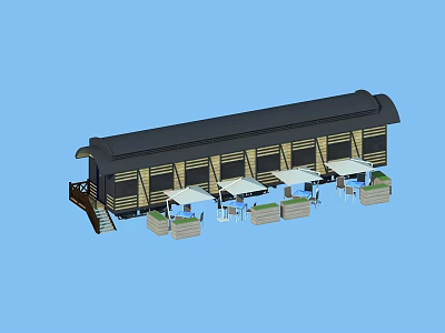 Commercial Outdoor Equipment Structure With Patio Tables Umbrellas And Seating 3d model