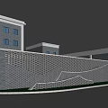 Modern Honeycomb Perforated Brick Scenic Wall With Green Plants And Building In Landscaped Area