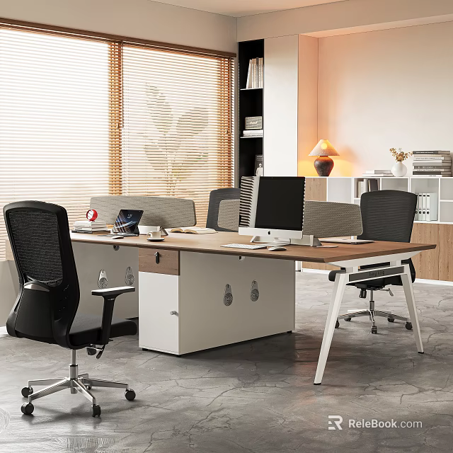 Modern Office Interior With Wooden Desk Computer Chairs Bookshelf Lighting And Green Plant 3d model 