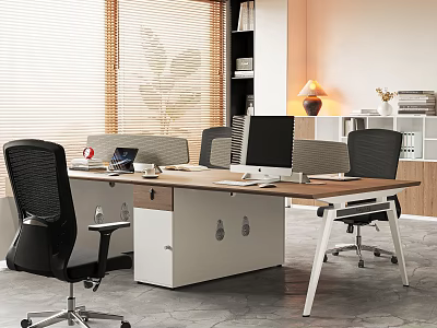 Modern Office Interior With Wooden Desk Computer Chairs Bookshelf Lighting And Green Plant 3d model