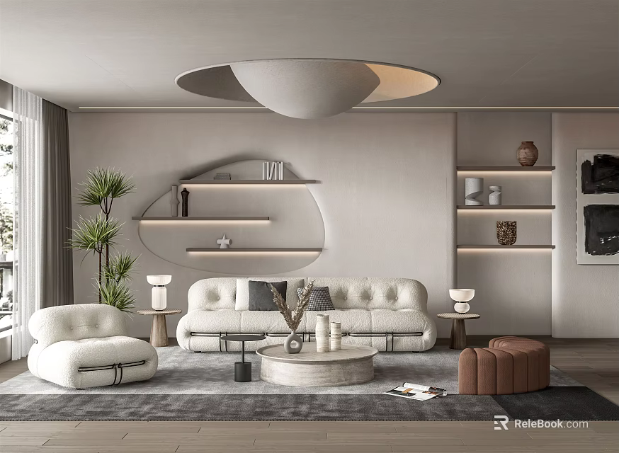 Modern Living Room Interior Design With Comfortable Sofa Coffee Table Decorative Shelves And Green Plants 3d model 