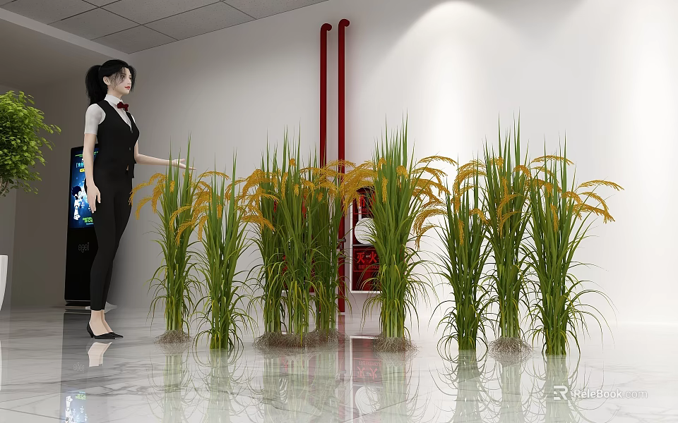 Agricultural Exhibition Hall Showcase Featuring Green Rice Plants And Staff Guide 3d model 