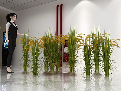 Agricultural Exhibition Hall Showcase Featuring Green Rice Plants And Staff Guide 3d model