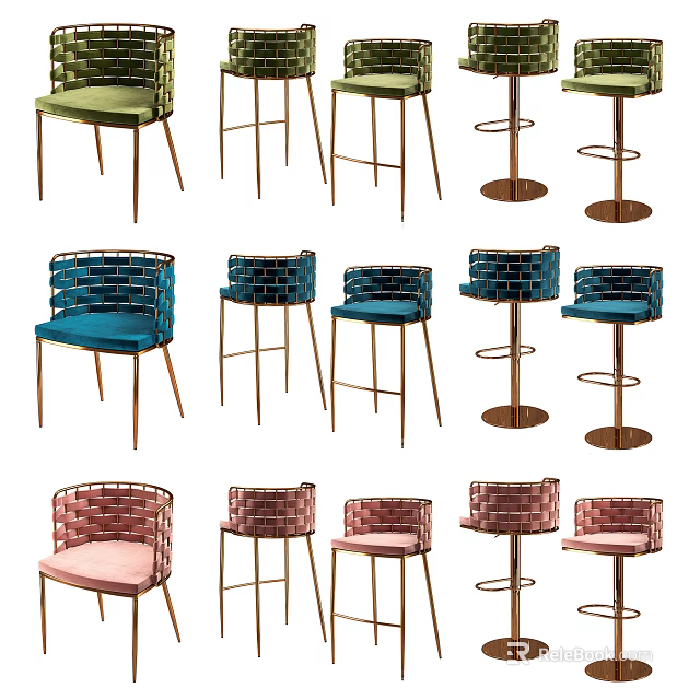 Modern Colorful Woven Bar Stools With Green Blue Pink Seats And Metal Legs 3d model 