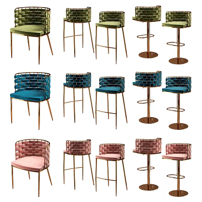 Modern Colorful Woven Bar Stools With Green Blue Pink Seats And Metal Legs 3d model
