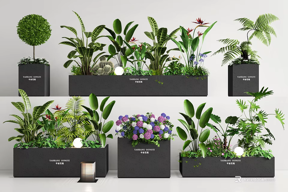 Lush Plant Combinations With Diverse Greenery In Black Rectangular Planters And Ornamental Details 3d model 