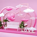 Romantic Valentine's Day Decor Featuring Pink Heart Clouds White Bench LOVE Letters And Green Plants