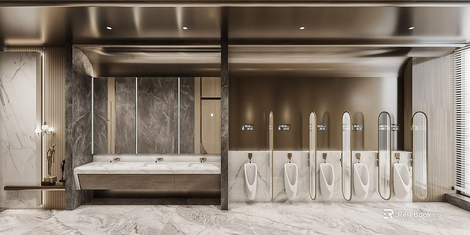 Modern Public Restroom Interior Design With Marble Washbasin Mirrors And Wall Urinals 3d model 