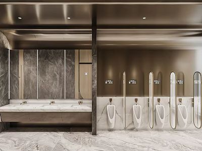 Modern Public Restroom Interior Design With Marble Washbasin Mirrors And Wall Urinals 3d model