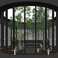Elegant Modern Restaurant Interior With Circular Glass Windows Indoor Trees And Wooden Tables