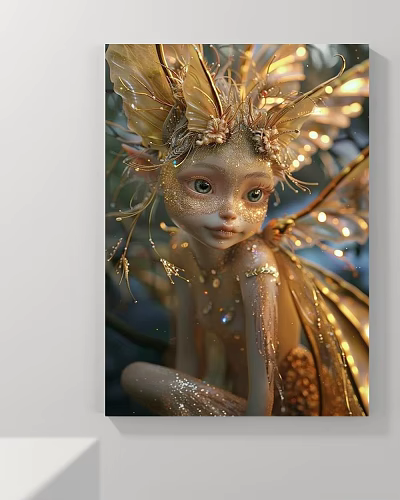 Enchanting Fairy Character Painting With Golden Wings And Sparkling Details 3d model