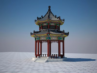 Traditional Chinese Pavilion Featuring Multi tiered Roof Colorful Decorations Red Columns Against Blue Sky Background 3d model
