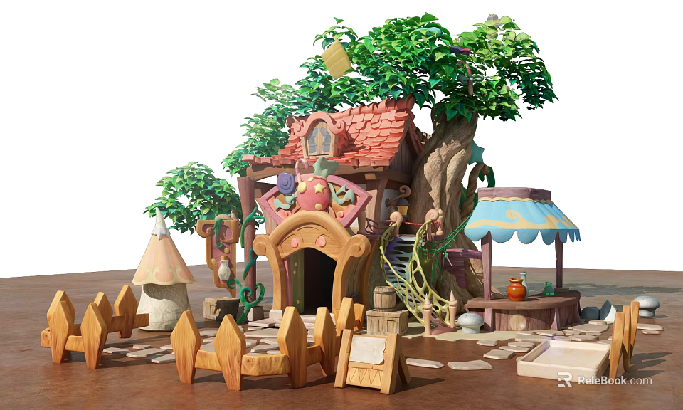Cartoon Scene With Red Roof Cottage Big Tree Mushroom Decorations Wooden Fence And Small Stall 3d model 