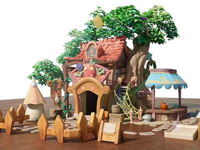 Cartoon Scene With Red Roof Cottage Big Tree Mushroom Decorations Wooden Fence And Small Stall 3d model