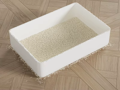 White Litter Box with Cat Litter Scattered on Wooden Floor 3d model
