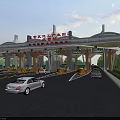 Toll Station With Cars Passing Through Lanes And Canopy Structure Surrounding Greenery