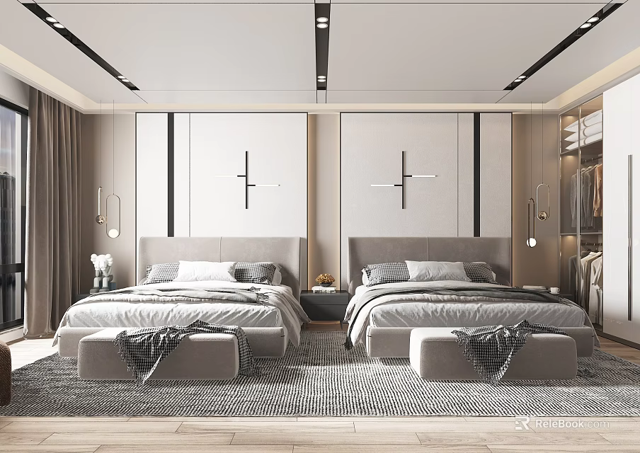 Modern Style Hotel Room With Twin Beds And Chic Decor 3d model 