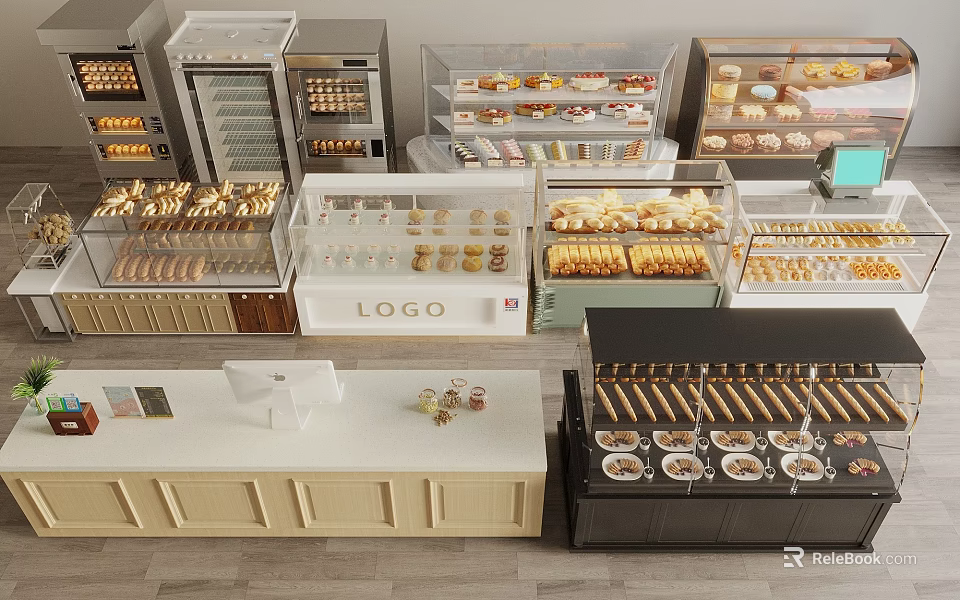 Transparent Glass Display Shelves for Bakery Shop with Organized Fresh Bread and Pastries 3d model 