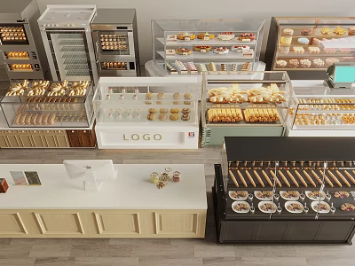 Transparent Glass Display Shelves for Bakery Shop with Organized Fresh Bread and Pastries 3d model