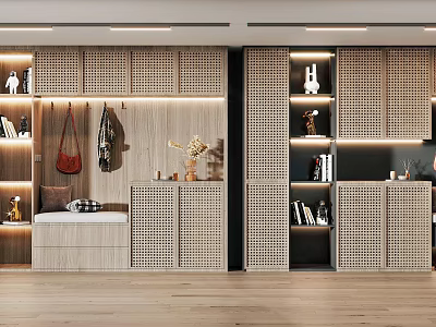 Modern Wooden Shoe Cabinet Interior Design With Hanging Bench And Decorative Items 3d model