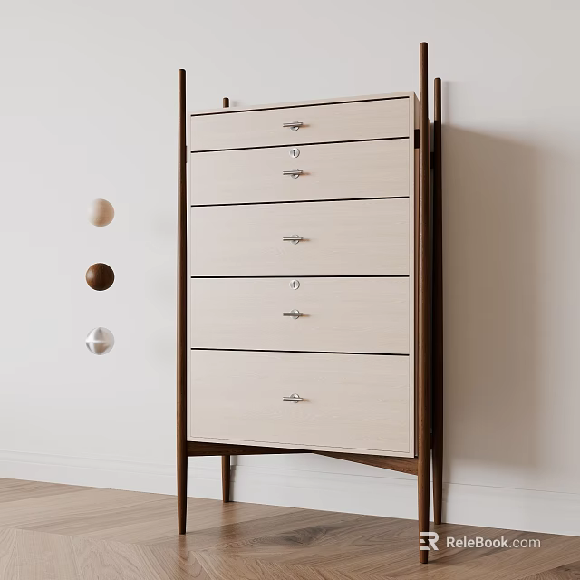 Modern Five Drawer Chest With Light Wood Drawers Dark Frame And Metal Handles 3d model 