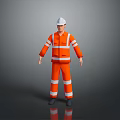 Man Wearing Orange Work Uniform With Reflective Stripes And White Safety Helmet Standing On Gray Background