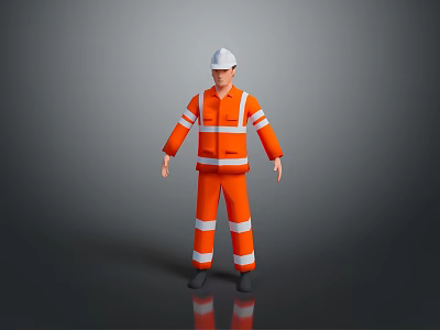 Man Wearing Orange Work Uniform With Reflective Stripes And White Safety Helmet Standing On Gray Background 3d model