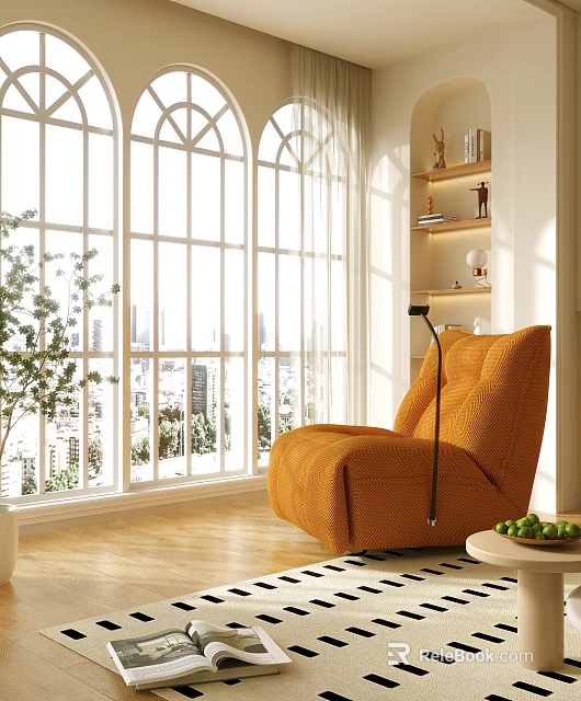 Sunny Living Room With Large Windows City View Orange Armchair Floor Lamp And Wooden Shelves 3d model 