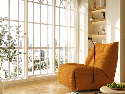 Sunny Living Room With Large Windows City View Orange Armchair Floor Lamp And Wooden Shelves 3d model