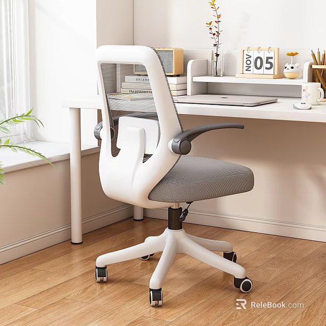 Ergonomic White Office Chair With Mesh Backrest Gray Cushion Armrests And Wheels 3d model 
